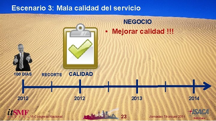 Escenario 3: Mala calidad del servicio NEGOCIO • Mejorar calidad !!! 100 DIAS RECORTE