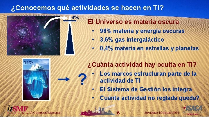 ¿Conocemos qué actividades se hacen en TI? 4% El Universo es materia oscura •