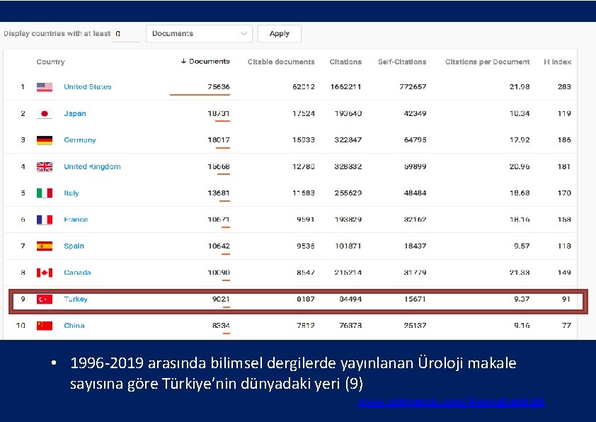  • 1996‐ 2019 arasında bilimsel dergilerde yayınlanan Üroloji makale sayısına göre Türkiye’nin dünyadaki