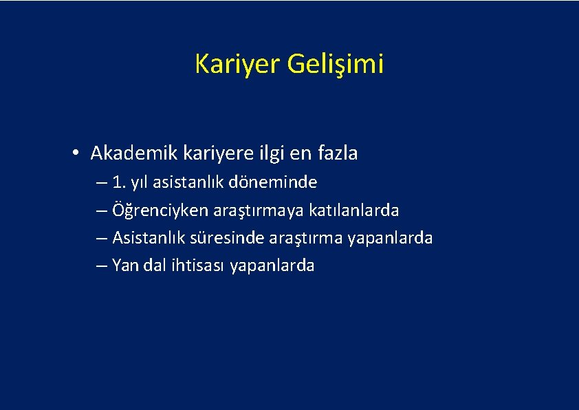 Kariyer Gelişimi • Akademik kariyere ilgi en fazla – 1. yıl asistanlık döneminde –