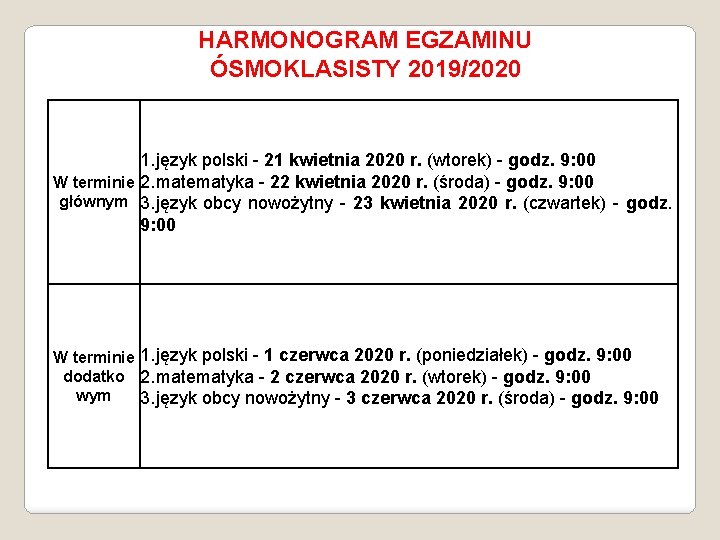 HARMONOGRAM EGZAMINU ÓSMOKLASISTY 2019/2020 1. język polski - 21 kwietnia 2020 r. (wtorek) -