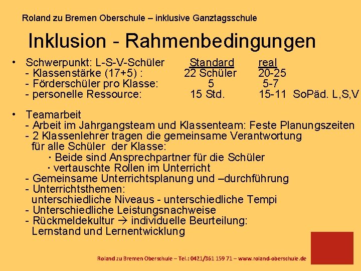 Roland zu Bremen Oberschule – inklusive Ganztagsschule Inklusion - Rahmenbedingungen • Schwerpunkt: L-S-V-Schüler -