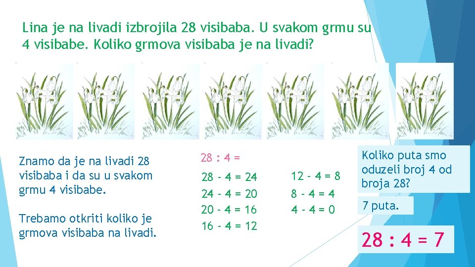 Lina je na livadi izbrojila 28 visibaba. U svakom grmu su 4 visibabe. Koliko