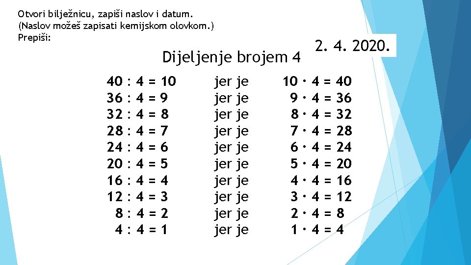 Otvori bilježnicu, zapiši naslov i datum. (Naslov možeš zapisati kemijskom olovkom. ) Prepiši: Dijeljenje