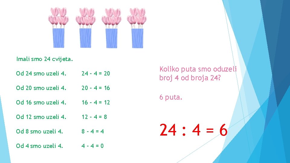 Imali smo 24 cvijeta. Od 24 smo uzeli 4. 24 – 4 = 20