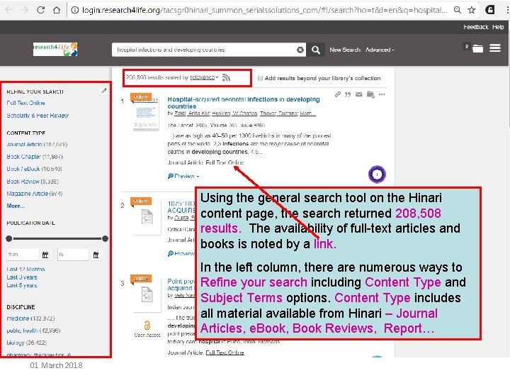 Using the general search tool on the Hinari content page, the search returned 208,