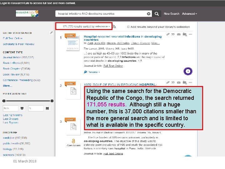 Using the same search for the Democratic Republic of the Congo, the search returned