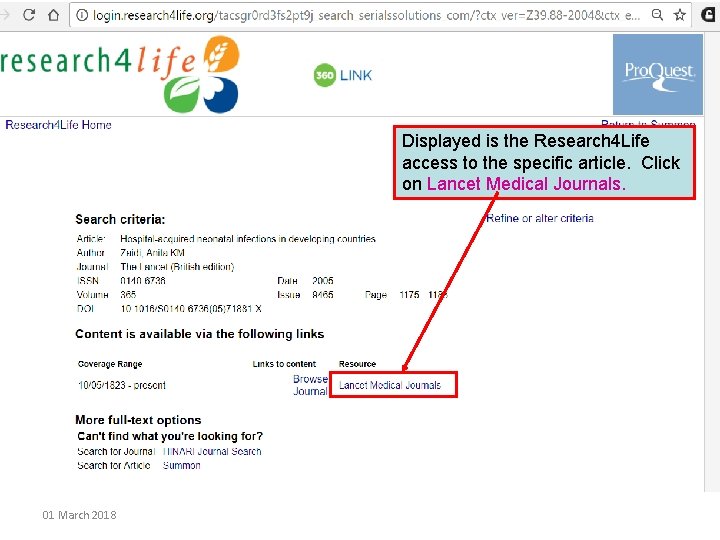 Displayed is the Research 4 Life access to the specific article. Click on Lancet