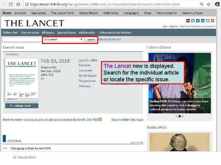 The Lancet now is displayed. Search for the individual article or locate the specific