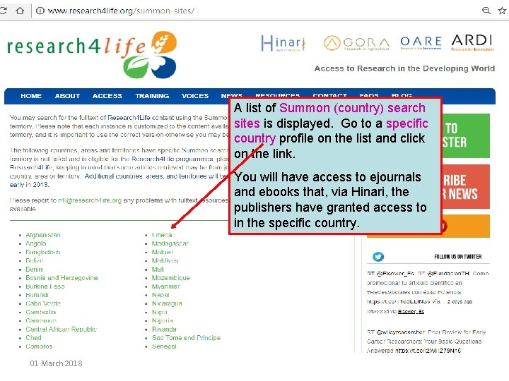 A list of Summon (country) search sites is displayed. Go to a specific country