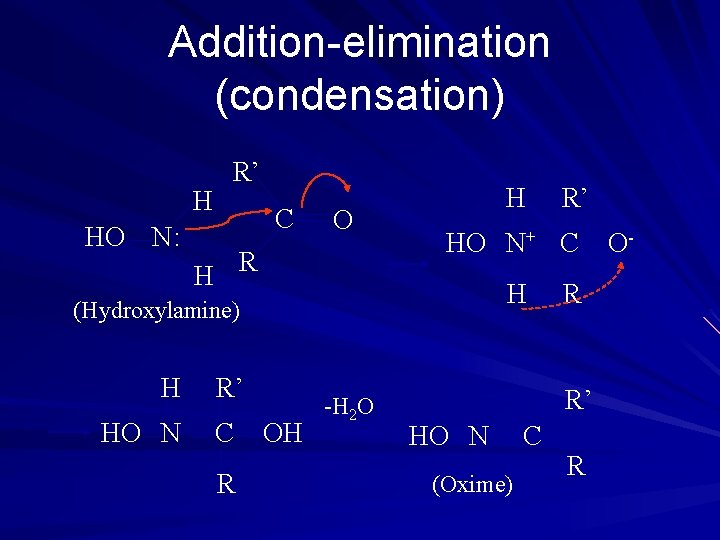 Addition-elimination (condensation) R’ H C HO N: O R H H HO N+ C