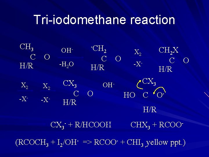 Tri-iodomethane reaction CH 3 C H/R X 2 -X- OH-H 2 O CX 3