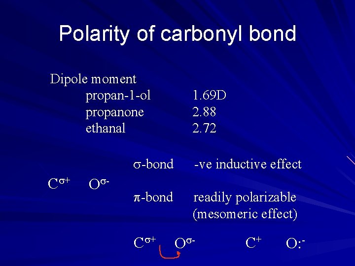 Polarity of carbonyl bond Dipole moment propan-1 -ol propanone ethanal C + O -