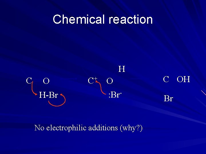 Chemical reaction H C O H-Br C+ O : Br- No electrophilic additions (why?