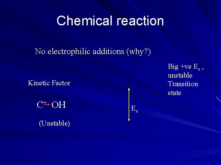 Chemical reaction No electrophilic additions (why? ) Big +ve Ea , unstable Transition state