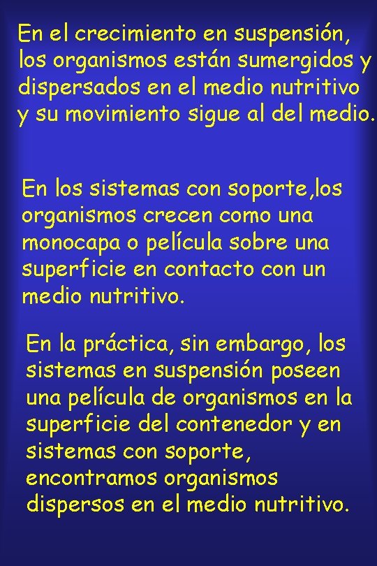 En el crecimiento en suspensión, los organismos están sumergidos y dispersados en el medio