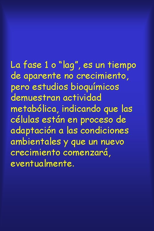 La fase 1 o “lag”, es un tiempo de aparente no crecimiento, pero estudios