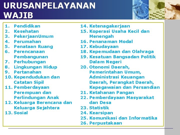 URUSANPELAYANAN WAJIB 1. 2. 3. 4. 5. 6. Pendidikan Kesehatan Pekerjaan. Umum Perumahan Penataan