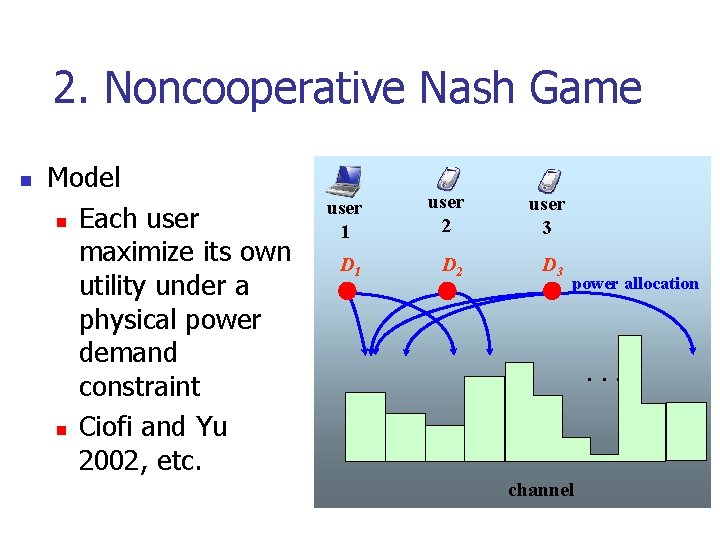 2. Noncooperative Nash Game n Model n Each user maximize its own utility under