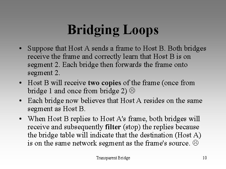 Bridging Loops • Suppose that Host A sends a frame to Host B. Both