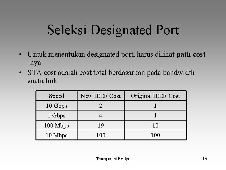 Seleksi Designated Port • Untuk menentukan designated port, harus dilihat path cost -nya. •