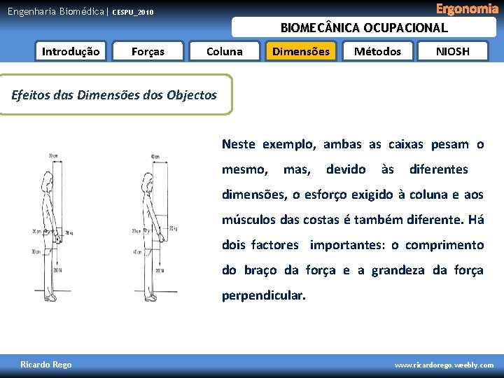 Engenharia Biomédica| Ergonomia CESPU_2010 BIOMEC NICA OCUPACIONAL Introdução Forças Coluna Dimensões Métodos NIOSH Efeitos