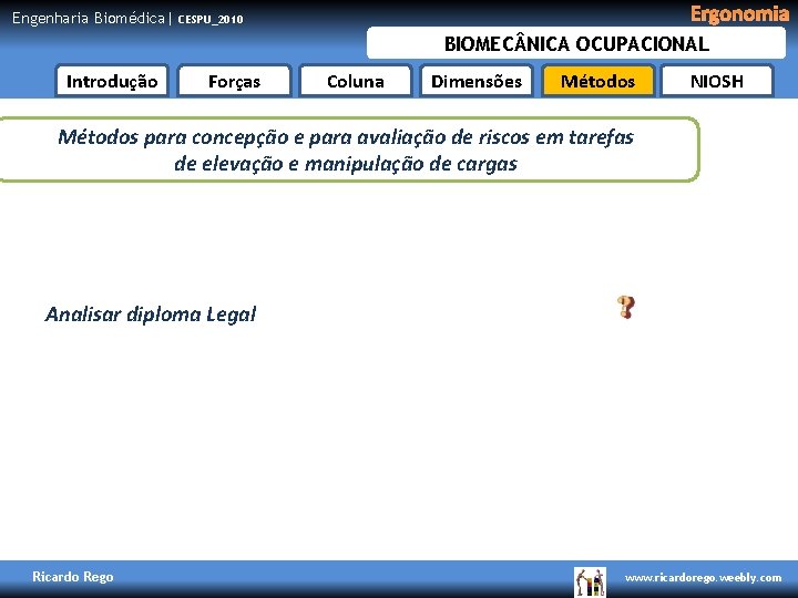 Engenharia Biomédica| Ergonomia CESPU_2010 BIOMEC NICA OCUPACIONAL Introdução Forças Coluna Dimensões Métodos NIOSH Métodos