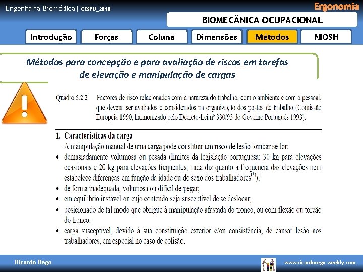 Engenharia Biomédica| Ergonomia CESPU_2010 BIOMEC NICA OCUPACIONAL Introdução Forças Coluna Dimensões Métodos NIOSH Métodos