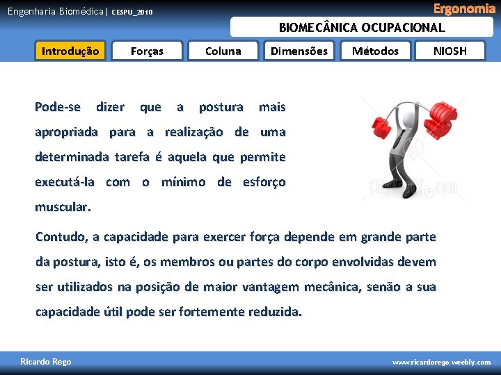 Engenharia Biomédica| Ergonomia CESPU_2010 BIOMEC NICA OCUPACIONAL Introdução Pode-se dizer Forças que Coluna a