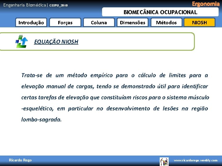 Engenharia Biomédica| Ergonomia CESPU_2010 BIOMEC NICA OCUPACIONAL Introdução Forças Coluna Dimensões Métodos NIOSH EQUAÇÃO