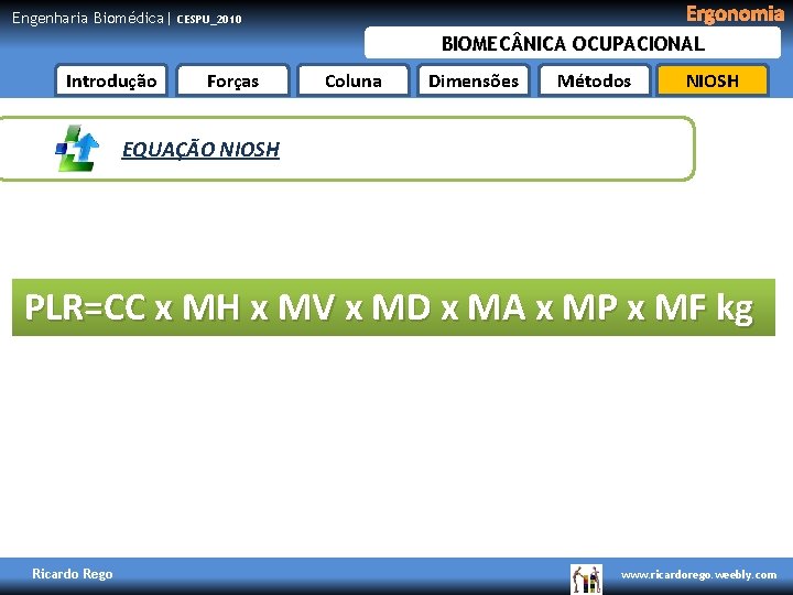 Engenharia Biomédica| Ergonomia CESPU_2010 BIOMEC NICA OCUPACIONAL Introdução Forças Coluna Dimensões Métodos NIOSH EQUAÇÃO