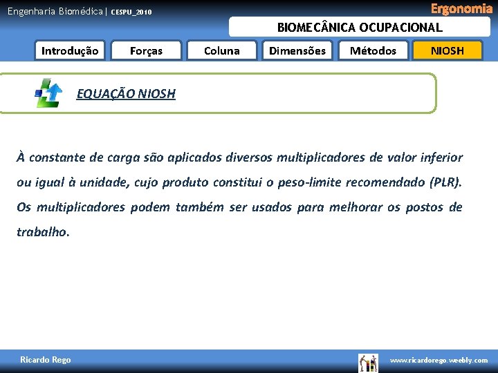 Engenharia Biomédica| Ergonomia CESPU_2010 BIOMEC NICA OCUPACIONAL Introdução Forças Coluna Dimensões Métodos NIOSH EQUAÇÃO