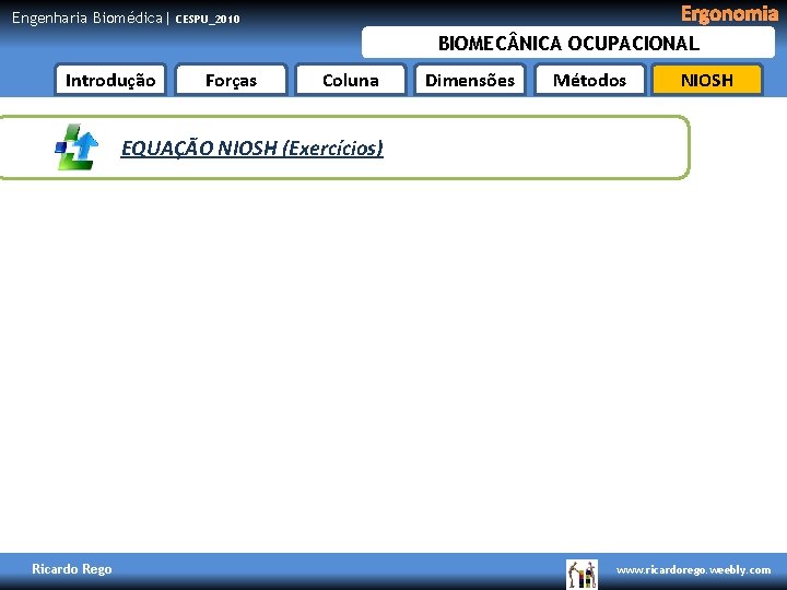 Engenharia Biomédica| Ergonomia CESPU_2010 BIOMEC NICA OCUPACIONAL Introdução Forças Coluna Dimensões Métodos NIOSH EQUAÇÃO
