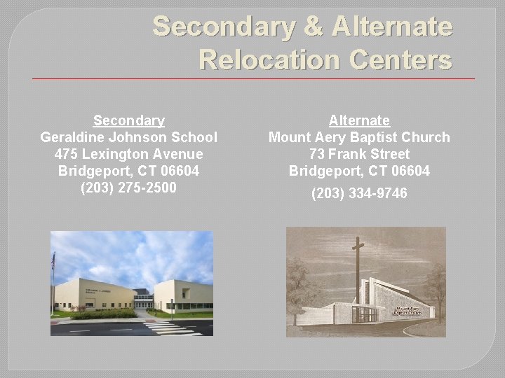 Secondary & Alternate Relocation Centers Secondary Geraldine Johnson School 475 Lexington Avenue Bridgeport, CT