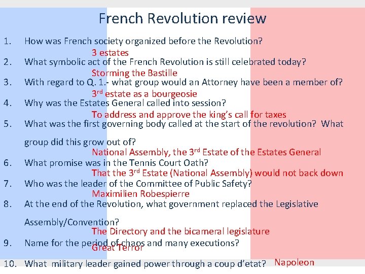 French Revolution review 1. 2. 3. 4. 5. How was French society organized before