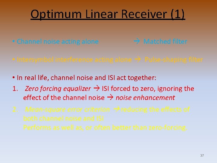 Optimum Linear Receiver (1) • Channel noise acting alone Matched filter • Intersymbol interference