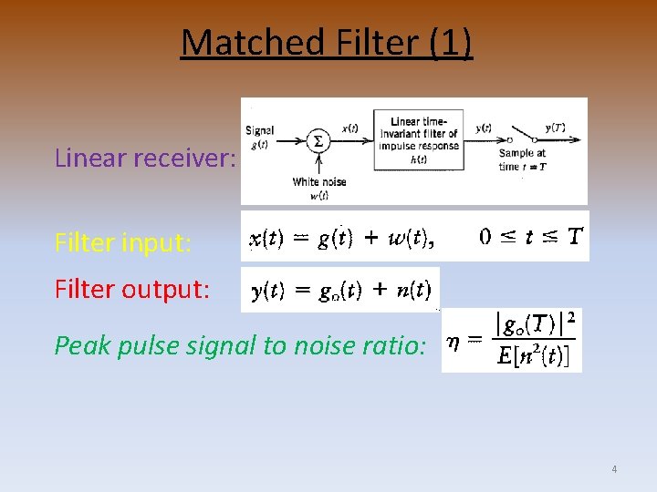 Matched Filter (1) Linear receiver: Filter input: Filter output: Peak pulse signal to noise