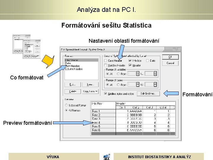 Analýza dat na PC I. Formátování sešitu Statistica Nastavení oblasti formátování Co formátovat Formátování