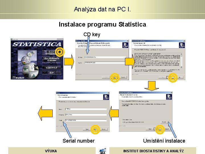 Analýza dat na PC I. Instalace programu Statistica CD key Serial number VÝUKA Umístění