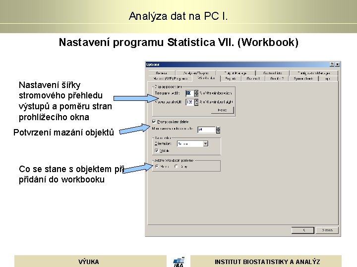 Analýza dat na PC I. Nastavení programu Statistica VII. (Workbook) Nastavení šířky stromového přehledu