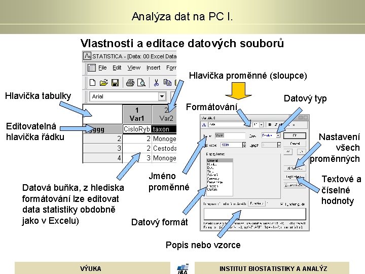 Analýza dat na PC I. Vlastnosti a editace datových souborů Hlavička proměnné (sloupce) Hlavička