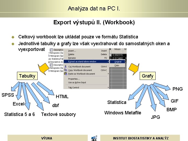 Analýza dat na PC I. Export výstupů II. (Workbook) u u Celkový workbook lze