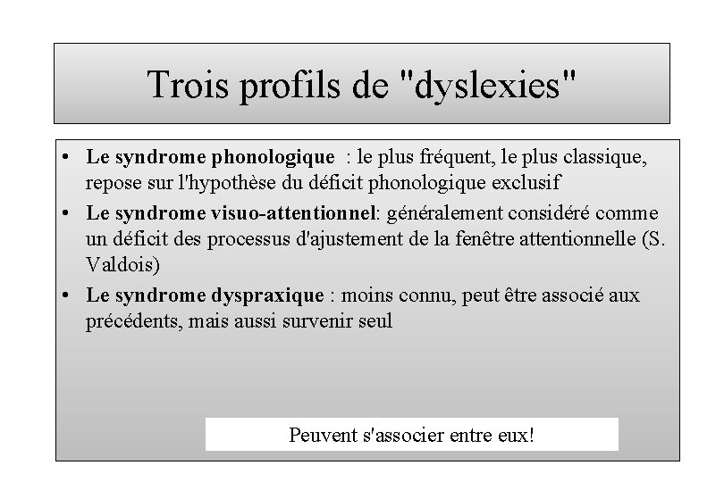 Trois profils de "dyslexies" • Le syndrome phonologique : le plus fréquent, le plus