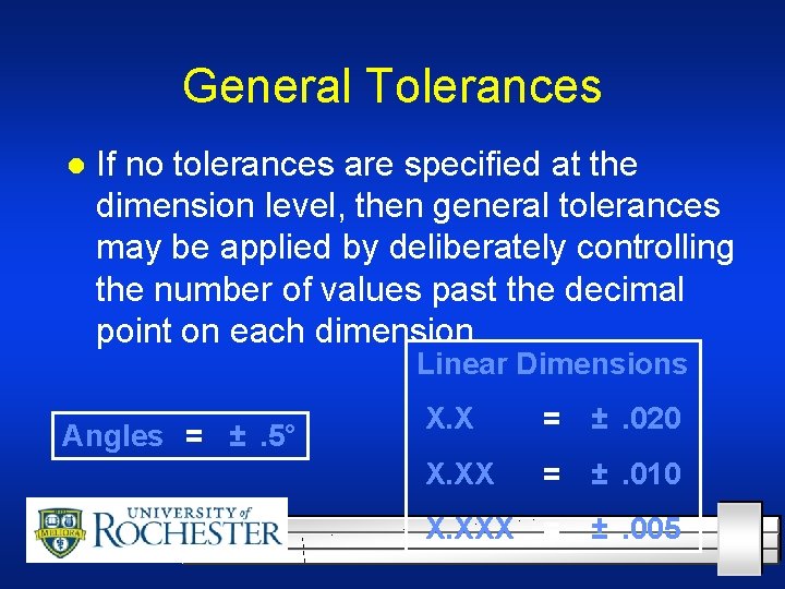 General Tolerances l If no tolerances are specified at the dimension level, then general