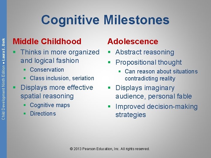 Child Development Ninth Edition ● Laura E. Berk Cognitive Milestones Middle Childhood Adolescence §