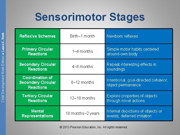 Child Development Ninth Edition ● Laura E. Berk Sensorimotor Stages Reflexive Schemes Birth– 1