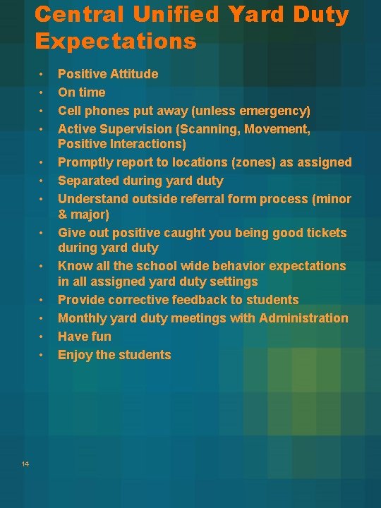 Central Unified Yard Duty Expectations • • • • 14 Positive Attitude On time Central Unified Yard Duty Expectations • • • • 14 Positive Attitude On time
