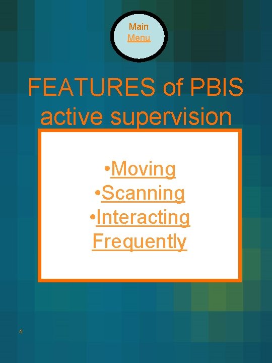 Main Menu FEATURES of PBIS active supervision • Moving • Scanning • Interacting Frequently Main Menu FEATURES of PBIS active supervision • Moving • Scanning • Interacting Frequently