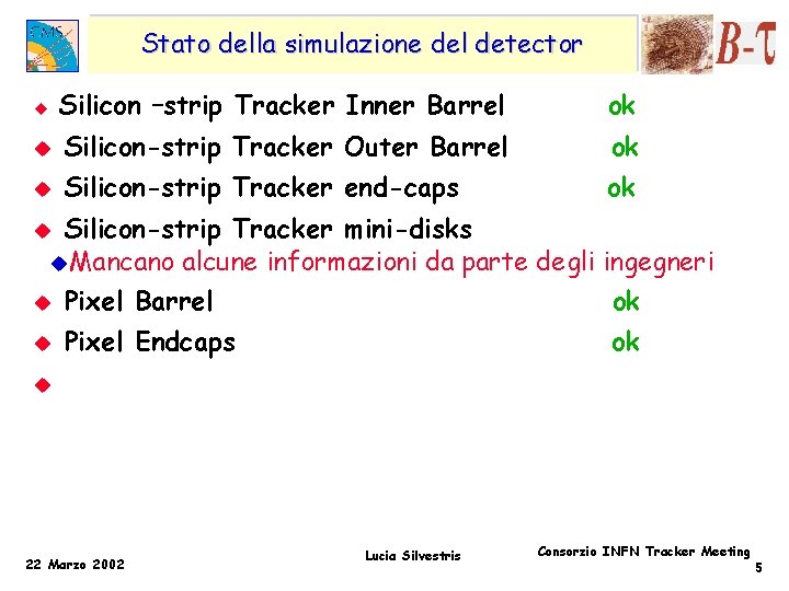 Stato della simulazione del detector u Silicon –strip Tracker Inner Barrel ok u Silicon-strip