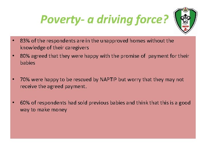 Poverty- a driving force? • 83% of the respondents are in the unapproved homes